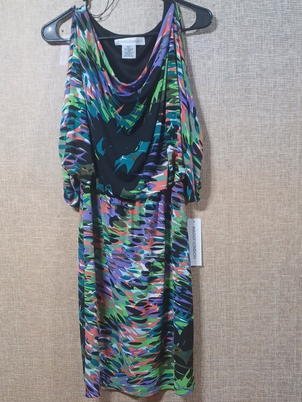 Maggy London Green, Purple & Coral Cowl-Neck Midi Dress